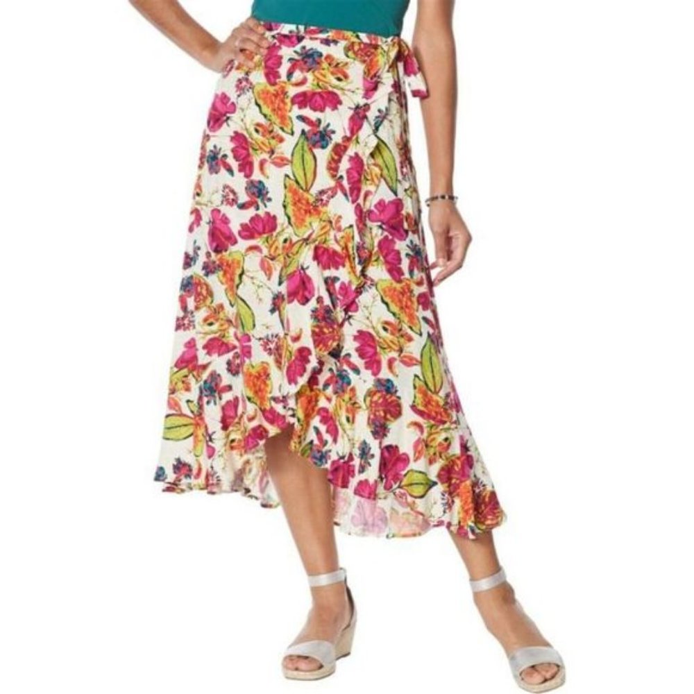 NWT DG2 BY DIANE GILMAN FAUX WRAP RUFFLE PRINTED SKIRT CREAM MEDIUM